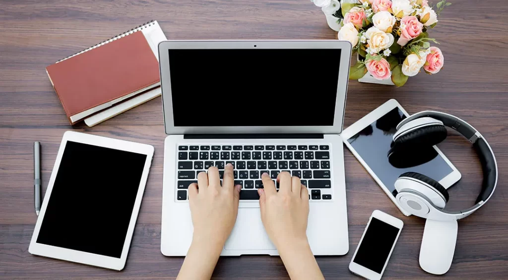 busy businesswoman with digital devices image