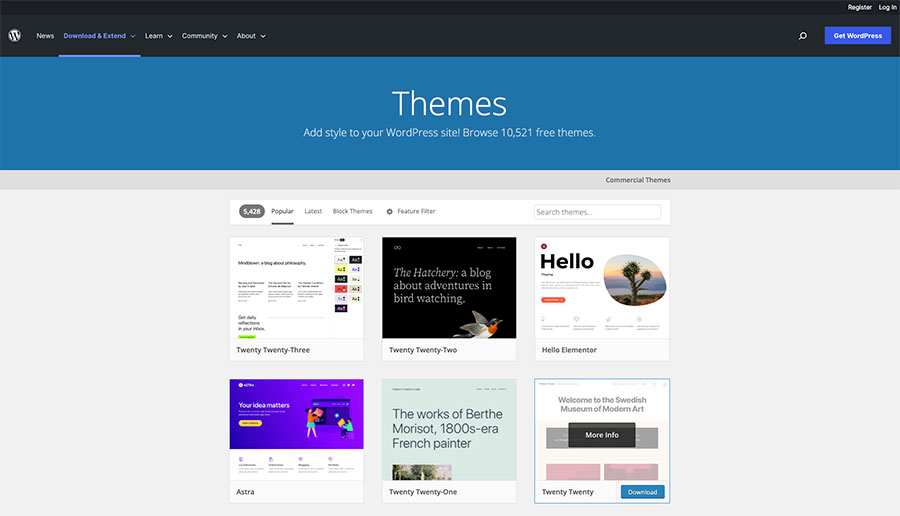 wordpress theme selection page