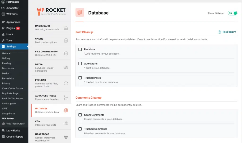 database optimizatio with wp rocket