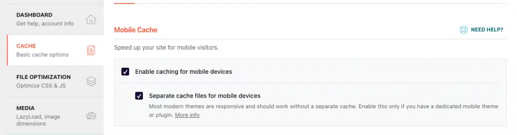 wp rocket mobile caching screen