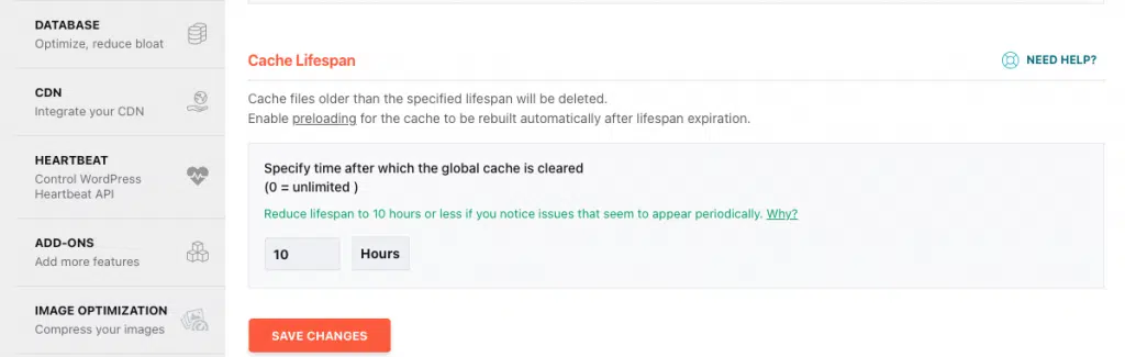 where is cache lifespan in wp rocket?
