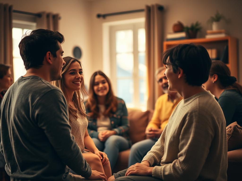 A group of people gathered in a cozy living room, engaged in lively conversation. The scene is bathed in warm, soft lighting, creating an intimate and inviting atmosphere. In the foreground, two friends are leaning towards each other, their body language reflecting a deep connection. In the middle ground, another pair is laughing together, sharing a moment of genuine camaraderie. The background subtly features a bookshelf and a window, hinting at the comfort and security of a nurturing environment. The overall composition conveys a sense of meaningful social bonds, where individuals find genuine fulfillment through genuine human interaction.