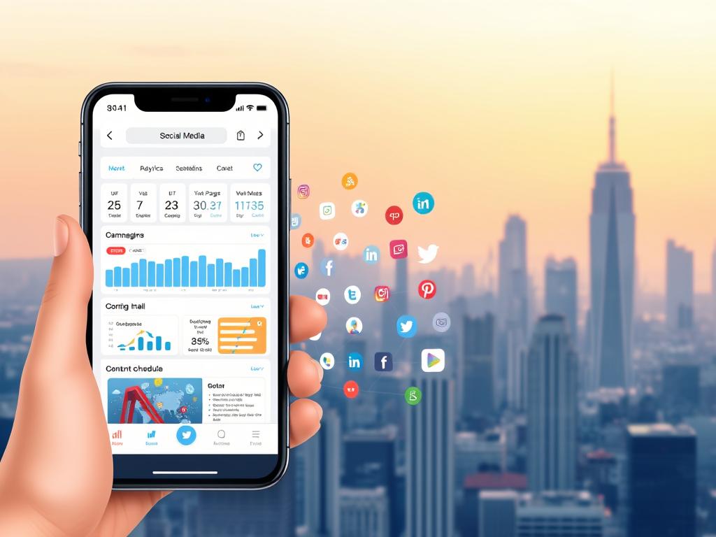 A high-resolution digital illustration depicting a modern social media strategy. In the foreground, a smartphone displaying a visually engaging social media dashboard, showcasing analytics, campaign metrics, and content scheduling tools. In the middle ground, a collage of social media platforms' logos and icons, representing the diverse channels for content distribution. The background features a serene, minimalist cityscape, with skyscrapers and interconnected networks symbolizing the global, digital landscape. The overall scene is bathed in a warm, soft lighting, creating a sense of harmony and professionalism, reflecting the strategic nature of social media management.