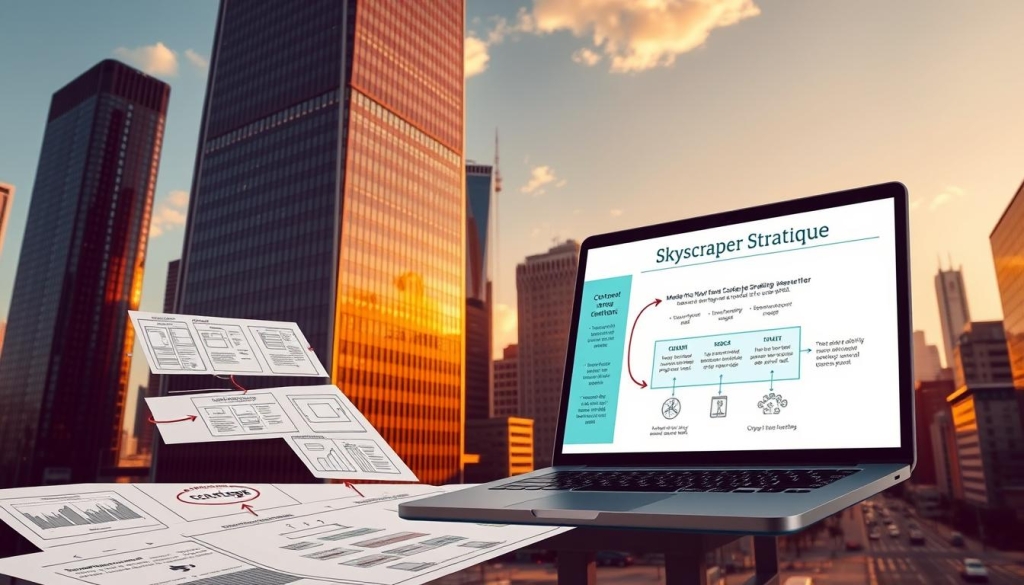 A towering skyscraper stands tall, its sleek glass and steel facade gleaming under the warm afternoon sun. In the foreground, a series of detailed wireframes and diagrams depict the intricate structure of a content strategy, with arrows and interconnected nodes mapping out the relationships between various elements. The middle ground features a laptop, open to a presentation software, showcasing a visually striking slide outlining the "Skyscraper Technique" - a strategy for creating high-quality, link-worthy content. In the background, a cityscape of modern buildings and bustling streets creates a sense of urban dynamism, reflecting the digital landscape in which this content strategy will thrive.