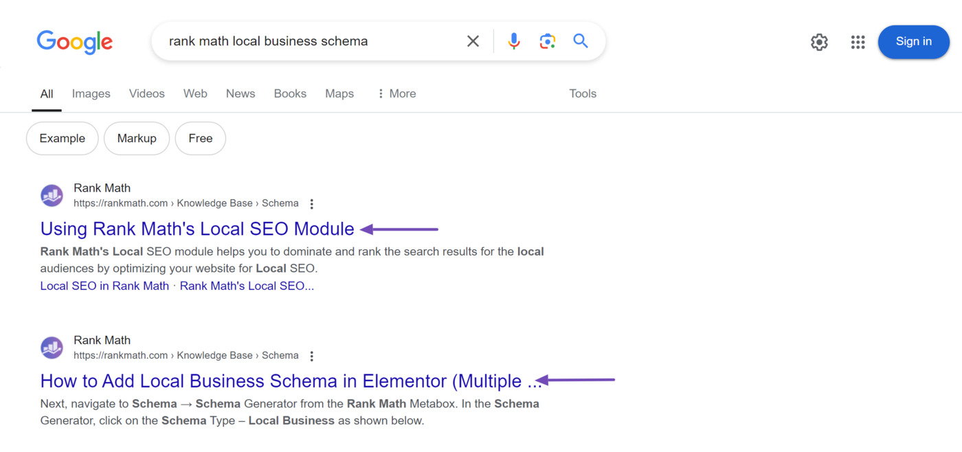 Example of title tags appearing in Google search results for local businesses Example of title tags appearing in Google search results for local businesses