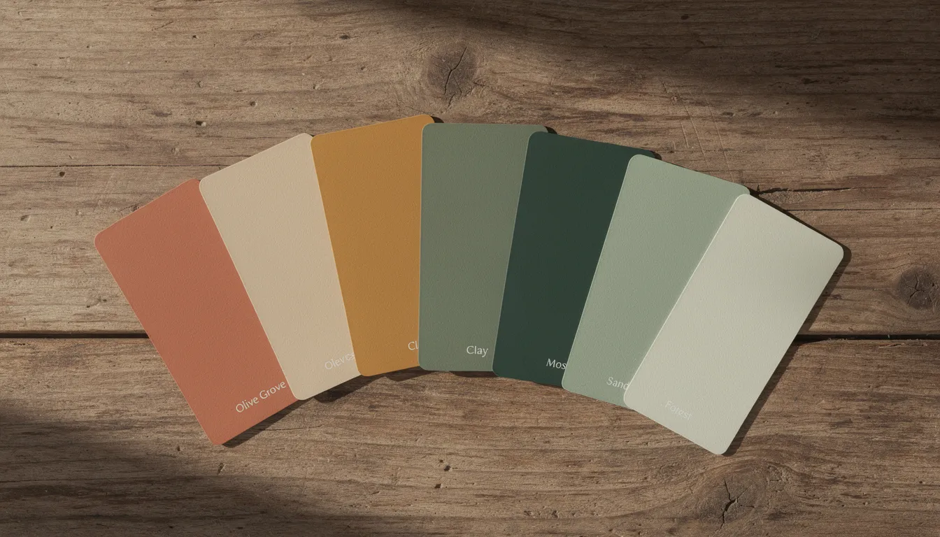A collection of natural paint swatches showcasing a harmonious blend of earth tones and greens is neatly arranged on a wooden surface, emphasizing a warm and inviting aesthetic ideal for enhancing brand identity in an ecommerce site. This curated palette serves as a visual element that can significantly boost customer experience on a Shopify store.