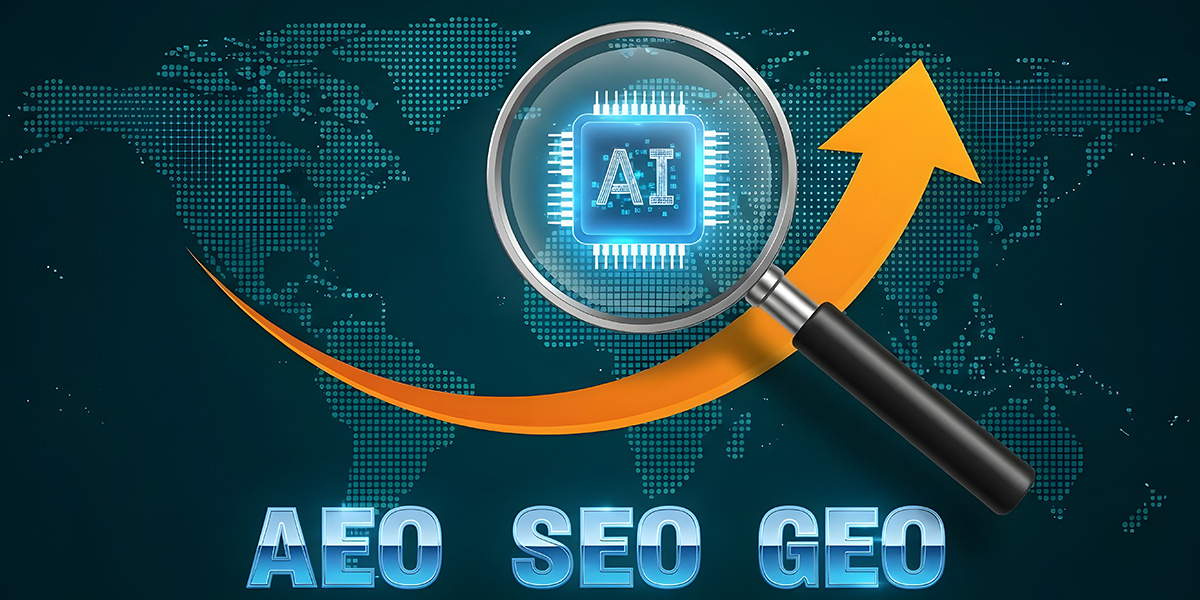 Magnifying glass with ai symbol on a world map background, representing SEO, AEO, and GEO concepts with an upward arrow