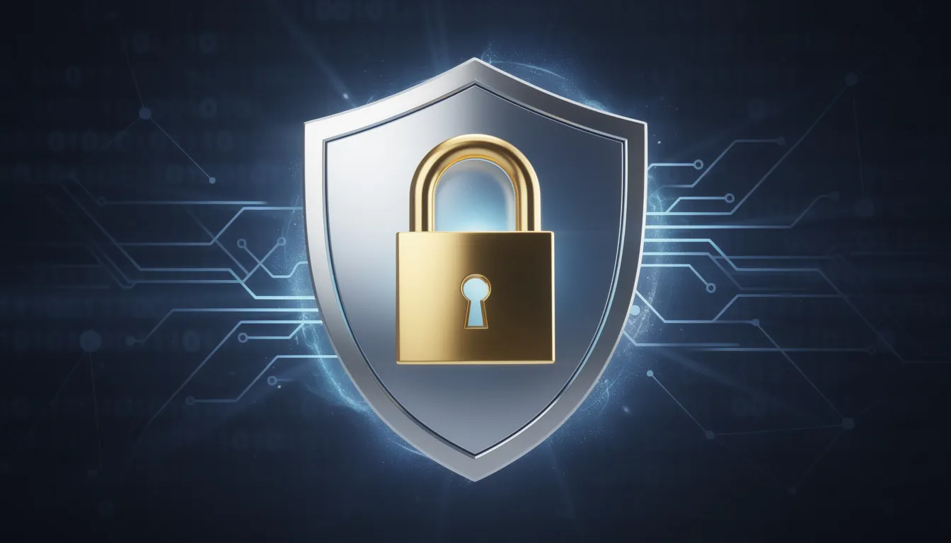 The image features a golden padlock superimposed on a digital security shield, symbolizing the protection of a WordPress site. This visual representation emphasizes the importance of technical SEO and website security for improving search engine rankings and enhancing user trust.