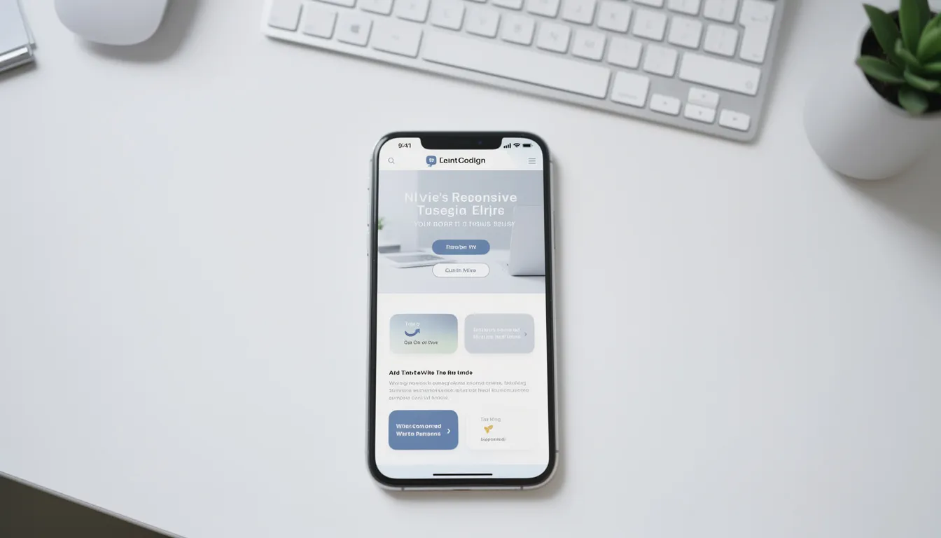 The image shows a smartphone displaying a clean and mobile-responsive website interface, ideal for enhancing user experience and improving search engine rankings. This design aligns with best practices for WordPress SEO, ensuring that the site is both search engine friendly and optimized for mobile users.