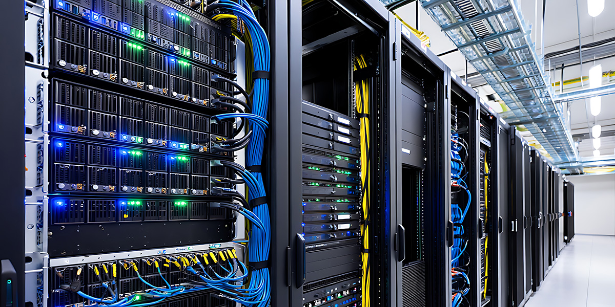 The image depicts a server room filled with neatly organized cables and blinking lights, symbolizing a robust web hosting infrastructure essential for website development. This environment supports web developers in managing the technical aspects of web applications and ensures optimal website performance.