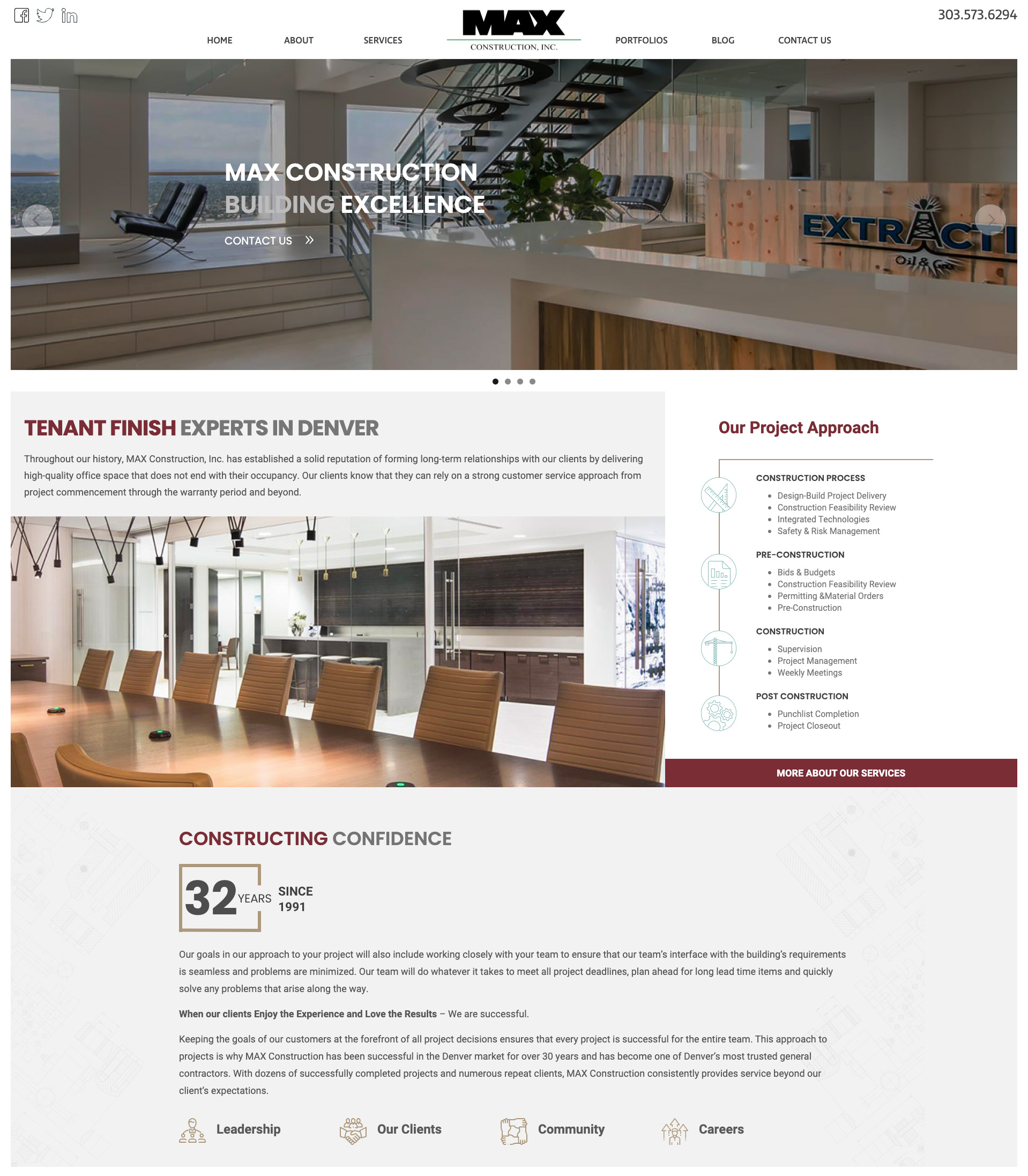 max construction screenshot of home page redesign