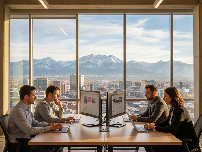 sitewired professional web design team collaborating around a modern desk with laptops and monitors showing website mockups, bright open office environment, warm natural light, Denver Colorado mountain view visible through large windows in background