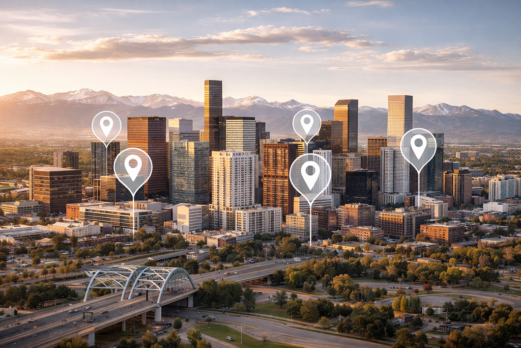 Aerial view of downtown Denver representing local SEO service area for WordPress websites