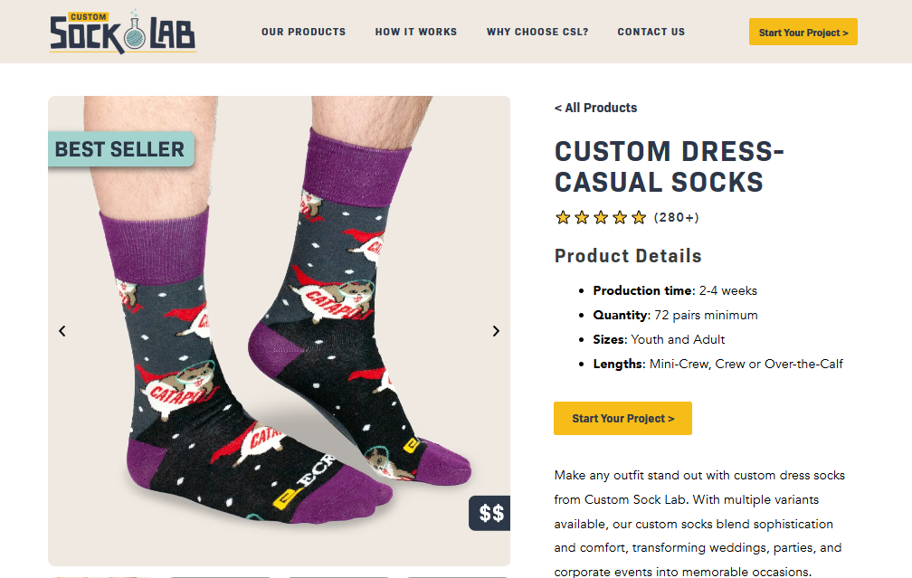 eCommerce SEO Strategies That Actually Drive Sales in 2026 Product page showing custom dress-casual socks from Custom Sock Lab with product image, rating, details, and start project button.