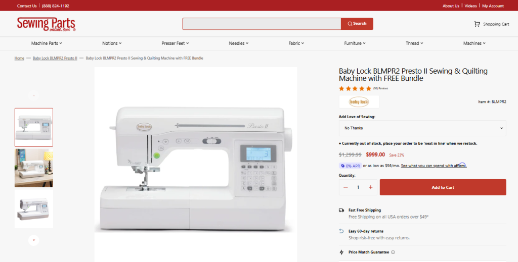 eCommerce SEO Strategies That Actually Drive Sales in 2026 Product page for Baby Lock Presto II sewing and quilting machine showing product image, price, rating, and add to cart button.
