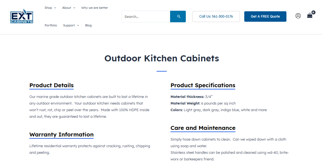 eCommerce SEO Strategies That Actually Drive Sales in 2026 Outdoor kitchen cabinets product page showing specifications, warranty information, and care and maintenance details.