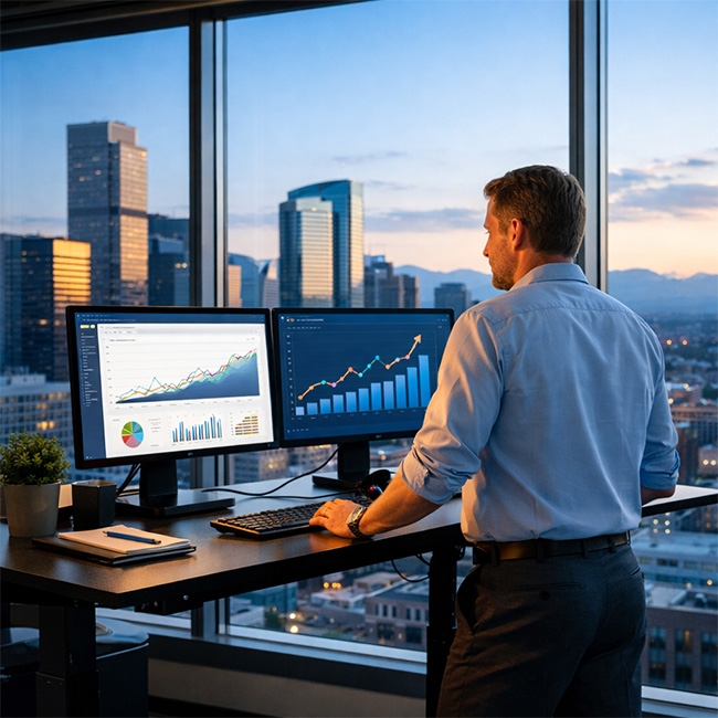 A professional at a standing desk in a modern Denver office with floor-to-ceiling windows overlooking the city skyline