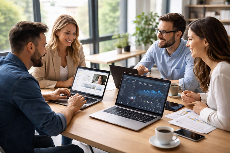 Web design team collaborating on website strategy and performance