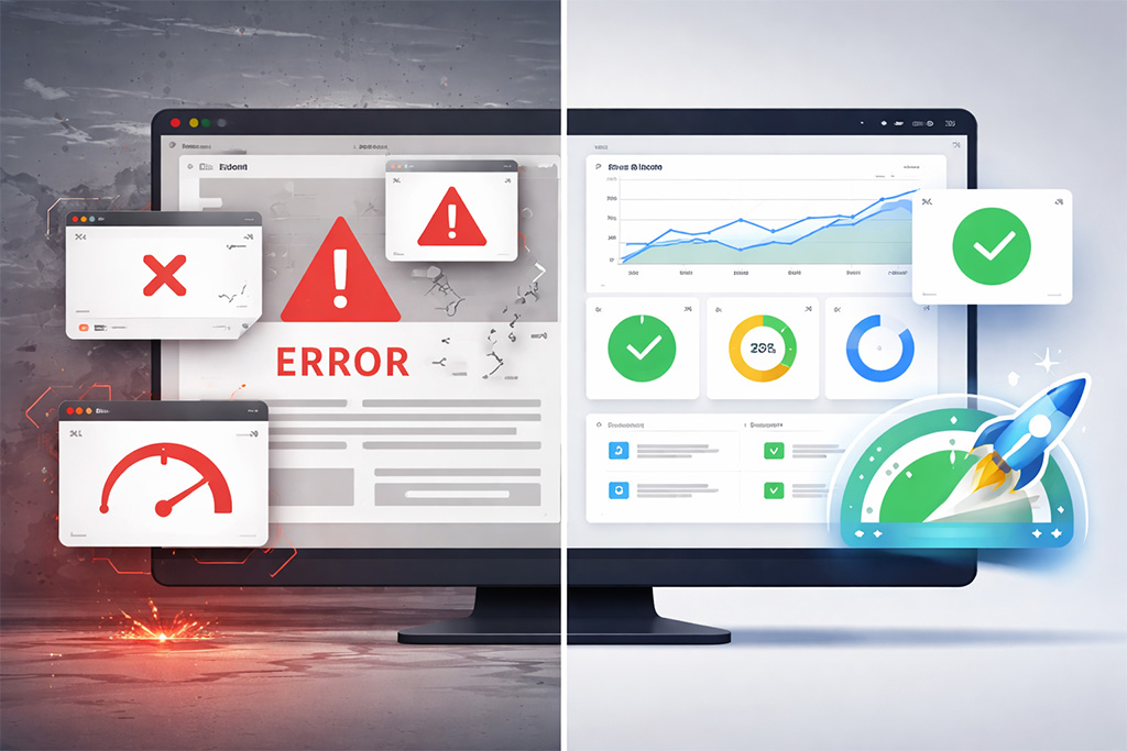 How Much Does WordPress Maintenance Cost in 2026? Comparison between poorly maintained website and optimized high-performance website