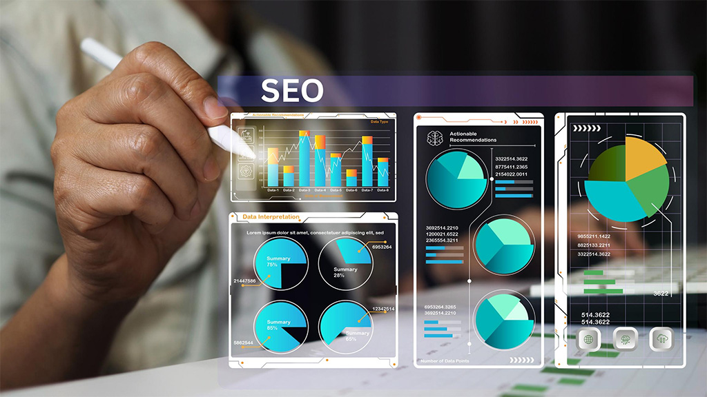 Computer screen showing search engine results and SEO performance metrics with ranking and traffic data