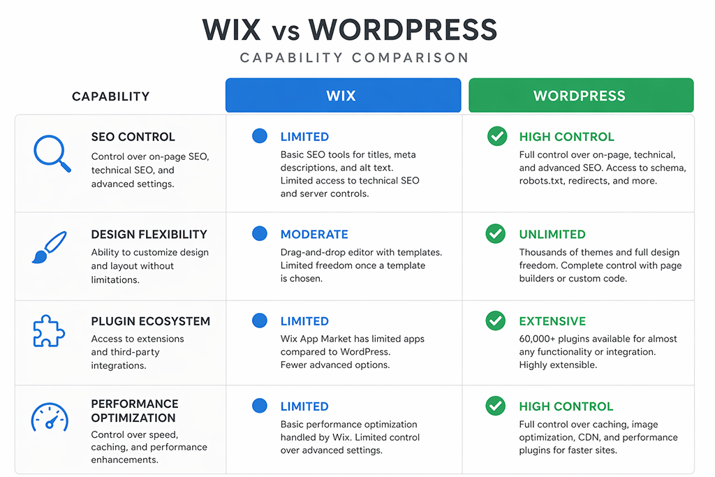 Side-by-side comparison of Wix and WordPress capabilities for growing business websites