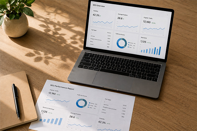 Denver SEO agency reviewing monthly rankings report and strategy timeline