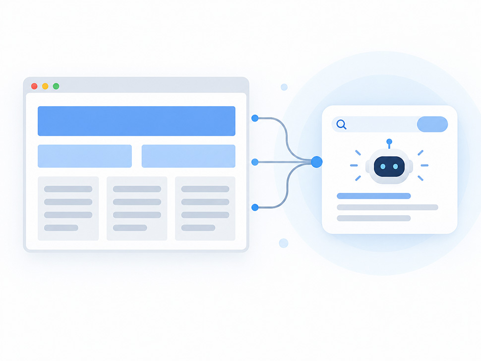 Web Design Trends for 2027: What Every Business Owner Should Know infographic illustration showing a simple content hierarchy diagram, a webpage outline with a large heading, two subheadings, and short body blocks, connected by subtle lines to a stylized search/AI interface icon, soft blue and white color palette