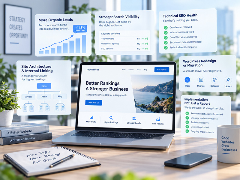 WordPress SEO Services for Better Rankings and Qualified Leads Laptop showing a WordPress SEO website mockup surrounded by panels for organic leads, search visibility, technical SEO, site architecture, redesign, and implementation.