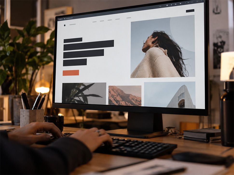 Web Design Trends for 2027: What Every Business Owner Should Know close-up of a designer's monitor displaying large, bold sans-serif typography on a website mockup